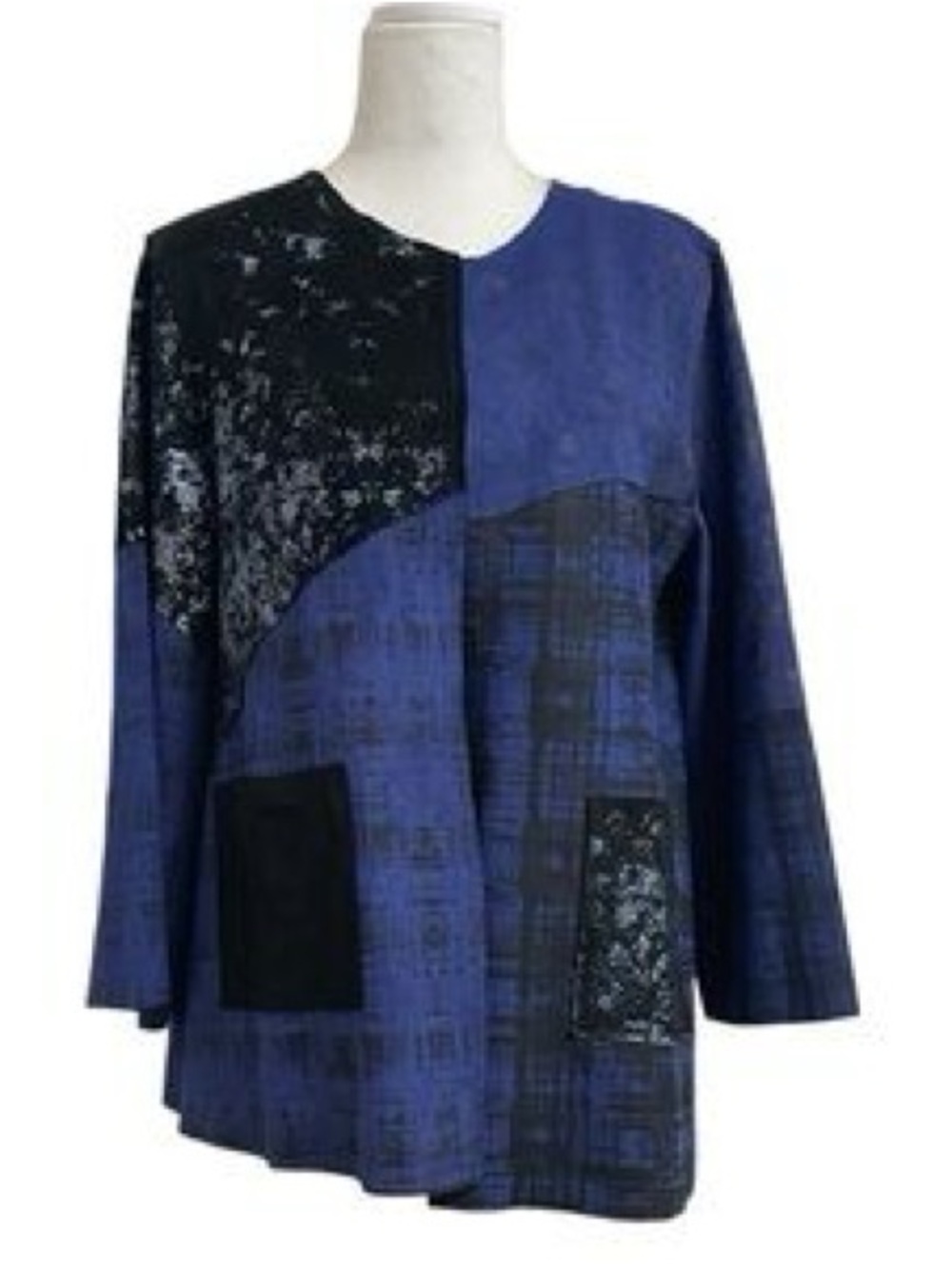 Lemon Grass New Small Blue Abstract Painted Panel Faux Suede Open Front Jacket